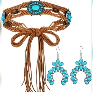 Boho turqouise belt and squash Blossom earrings